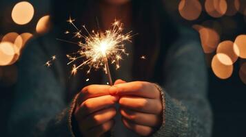 AI generated Hand holding a lit sparkler at night, with a warm glow and sparkling bokeh lights creating a festive and joyful atmosphere photo