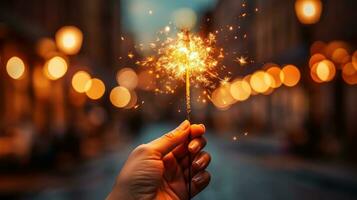 AI generated Hand holding a lit sparkler at night, with a warm glow and sparkling bokeh lights creating a festive and joyful atmosphere photo
