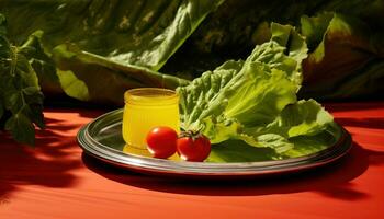 ai generado un plato con lechuga, Tomates y albahaca siguiente a un estaño servicio bandeja, foto