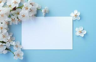 AI generated a rectangle frame with delicate white flower lays on a blue table, photo