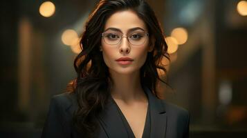 AI generated a pretty woman in black with glasses and a black suit, photo