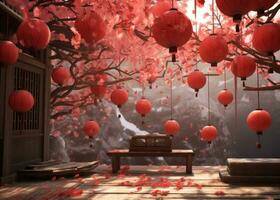 AI generated a red background with bright red paper lanterns and red paper flowers, photo