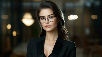 AI generated a pretty woman in black with glasses and a black suit, photo