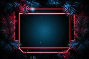 AI generated a neon frame surrounded by palm leaves, photo