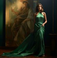 AI generated a model wears a green gown with slit in front of a wall with a giant image of the ad, photo