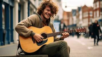 ai generado un hombre sentado en pueblo con un acústico guitarra, foto