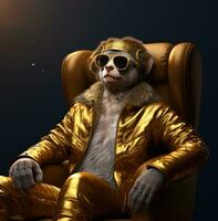 AI generated a man in animal costumes sits in a leather chair wearing sunglasses and a jacket, photo