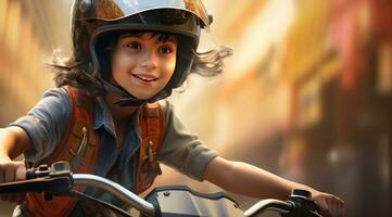 ai generado un niño vistiendo un casco en un bicicleta mientras ella sonriente, foto