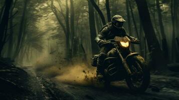 ai generado un hombre en un motocicleta paseos mediante el bosque, foto