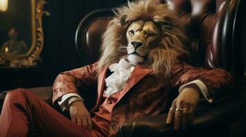 ai generado un hombre en un león disfraz sentado en un silla, foto