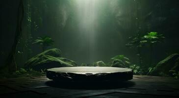 AI generated a huge stone sitting on a table in a jungle, photo