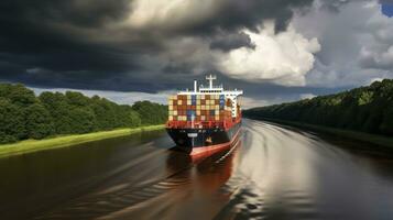 AI generated Navigating Nature's Majesty - The container vessel at the Kiel Canal near Beldorf under a shelf cloud photo