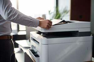 AI generated Businessman print paper on a multifunction laser printer in business office. Document and paperwork. Secretary work. Copy, print, scan, and fax machine. Print technology. Photocopy. photo