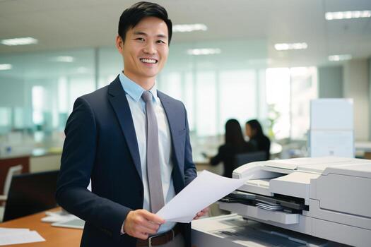 AI generated Smiling Asian businessman prints paper on a multifunction laser printer in business office. Document and paperwork. Copy, print, scan, and fax machine. Print technology. Photocopy. photo