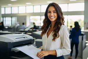 ai generado oficina trabajador huellas dactilares papel en multifunción láser impresora. documento y papeleo concepto. secretario trabajar. sonriente mujer trabajando en negocio oficina. Copiar, imprimir, escanear, y fax máquina. foto