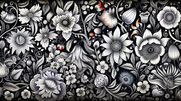 AI generated Abstract floral pattern in black and white colors. Gothic aesthetic photo