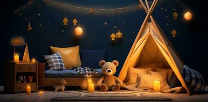 ai generado un linda joven Niños habitación con un tipi, sofás y osos, foto