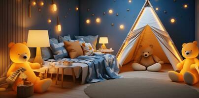 ai generado un linda joven Niños habitación con un tipi, sofás y osos, foto