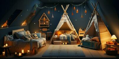 ai generado un linda joven Niños habitación con un tipi, sofás y osos, foto