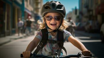 AI generated a cute girl wearing a helmet on her bike riding down the street, photo