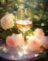 AI generated a glass of white wine and roses, photo