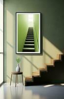 ai generado un enmarcado Arte con verde paredes y de madera escaleras, foto