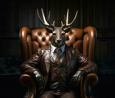 AI generated a deer man dressed in leather sitting on a chair, photo