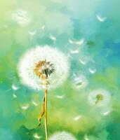 AI generated a dandelion blowing in the wind on a green background, photo