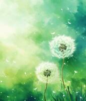 AI generated a dandelion blowing in the wind on a green background, photo