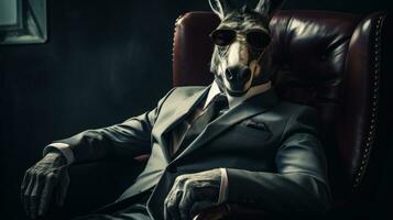AI generated a donkey in a suit and sunglasses sitting on a chair, photo