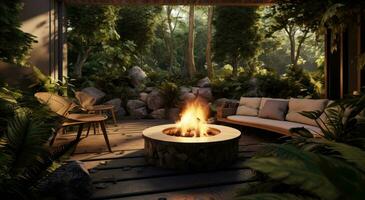 AI generated a fire pit is surrounded by wood and plants, photo