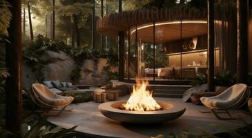 AI generated a fire pit is surrounded by wood and plants, photo