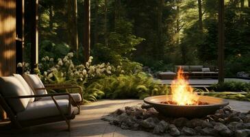 AI generated a fire pit is surrounded by wood and plants, photo
