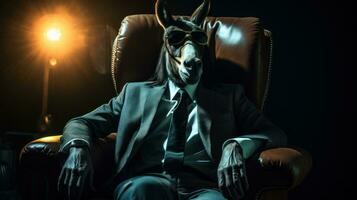 AI generated a donkey in a suit and sunglasses sitting on a chair, photo