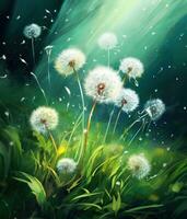 AI generated a dandelion blowing in the wind on a green background, photo