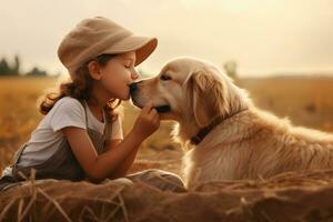 ai generado un niño es besos un adulto perdiguero perro en el campo, foto