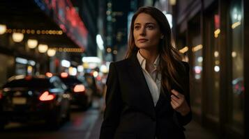 AI generated a business woman in a suit walking down a street at night, photo