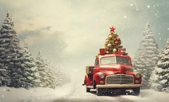 ai generado un Navidad coche conducción abajo Nevado la carretera con Navidad árbol en arriba, foto