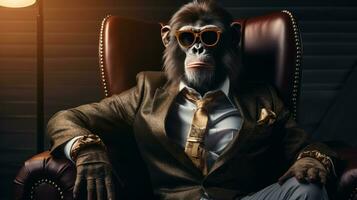 AI generated a chimp in a suit, sitting on a couch with sunglasses, photo