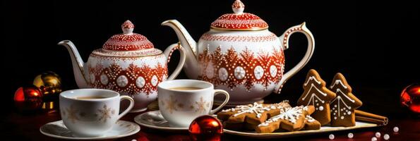 AI generated a coffee teapot with red and white mugs, gingerbread cookies and snowflakes photo