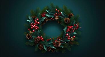 AI generated a christmas wreath in a form of a christmas ring on green background, photo