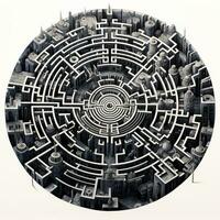 AI generated Black and white grunge geometric tribal labyrinth. Surreal style. photo