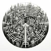 AI generated Black and white grunge geometric tribal labyrinth. Surreal style. photo