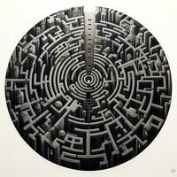 AI generated Black and white grunge geometric tribal labyrinth. Surreal style. photo