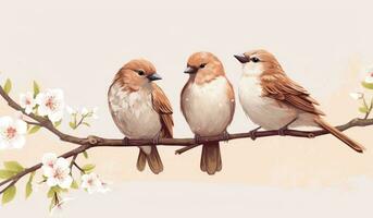 AI generated birds perched on a branch in the blooming flowers, photo