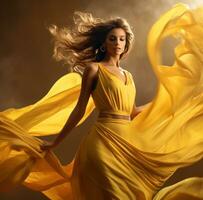 ai generado un hermosa mujer en amarillo vestido con el viento en su cabello, foto