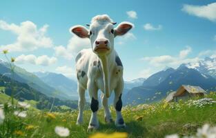 ai generado un vaca es en pie en un prado en frente de montañas, foto