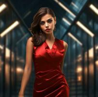 AI generated a beautiful woman posing in red dress, photo