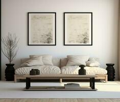 AI generated a black and white living room with two framed posters, photo