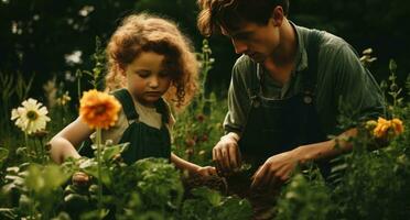 ai generado un hijo y hija jardinería en el jardín con flores en su brazos, foto